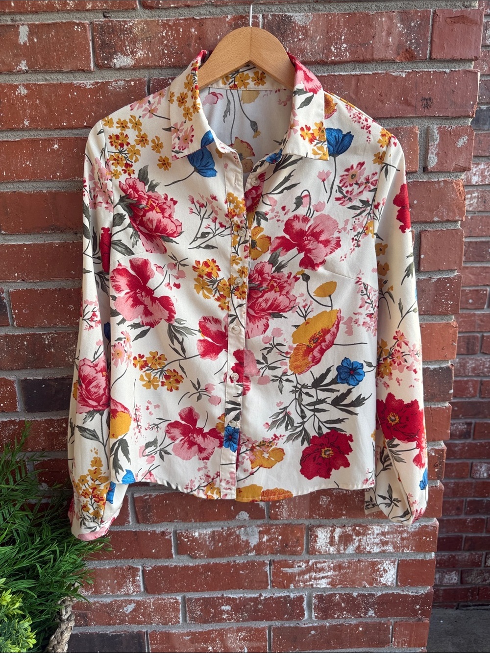 SHEIN Red and Cream Floral Shirt